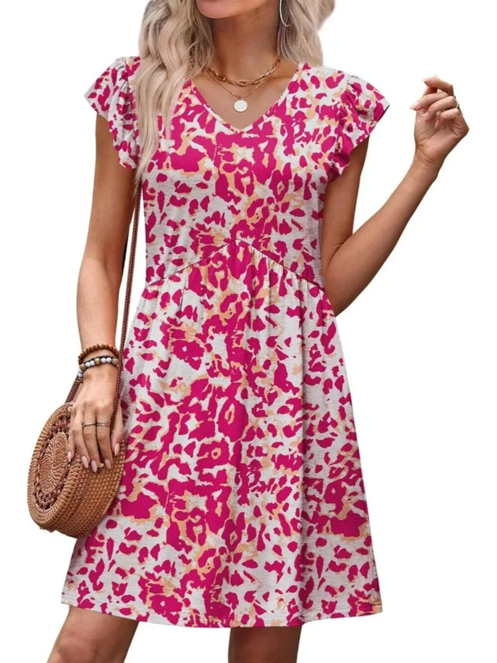 Women Pink Leopard  Ruffle Sleeve Baby Doll V Neck Imported Causal Dress